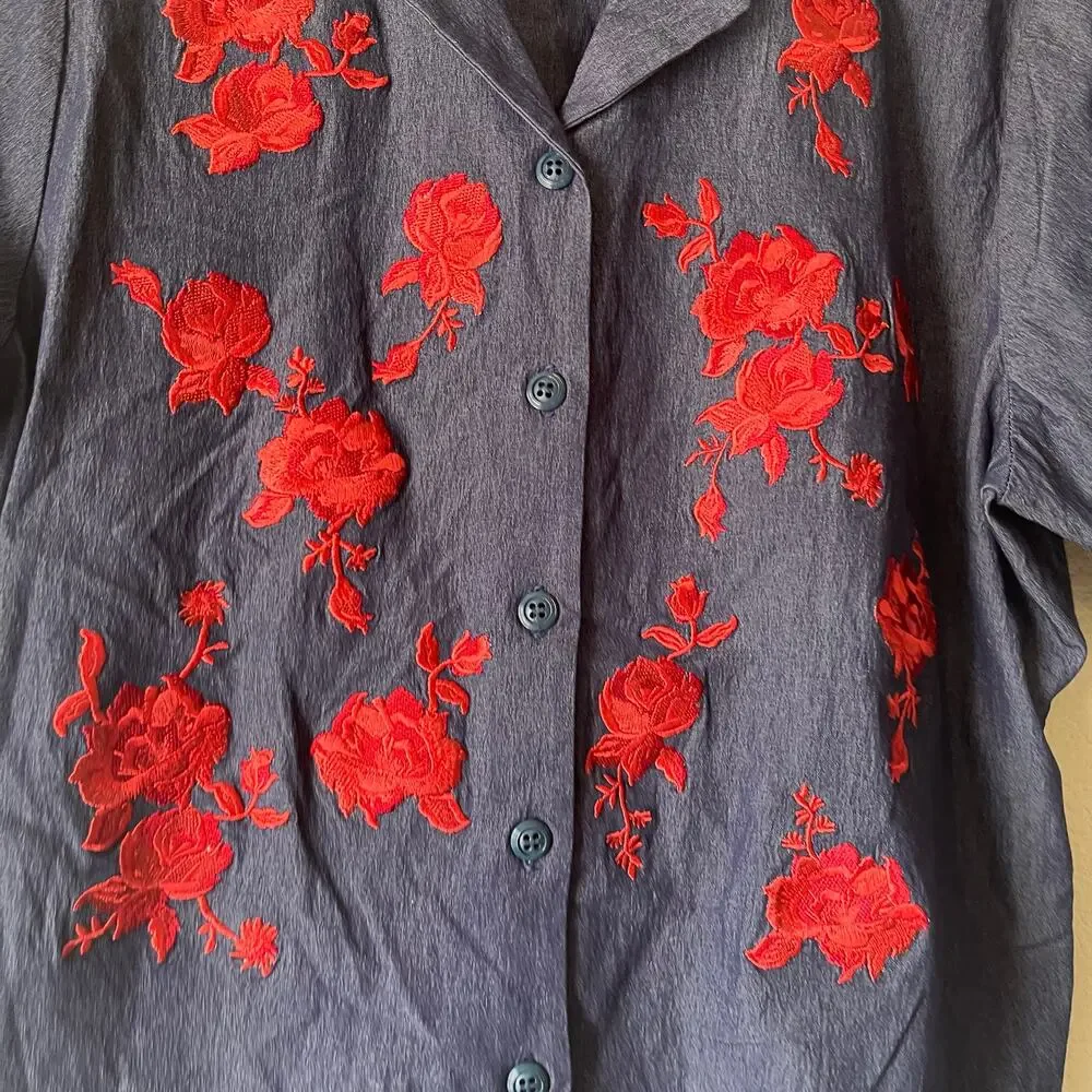 Vintage‎ 90s denim stretchy rose embroidered button up size xl
